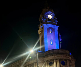 Lambeth Town Hall in lit up blue