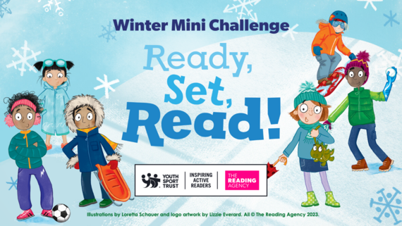 graphic of young people in warm clothing with a snowy background with text saying Winter challenge ready set read 