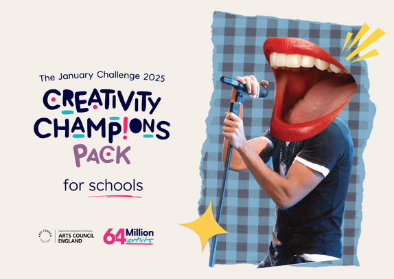 a man holding a mic but a cartoon big month covering his face next to text saying the January challenge 2025  Creativity Champions Pack for schools 