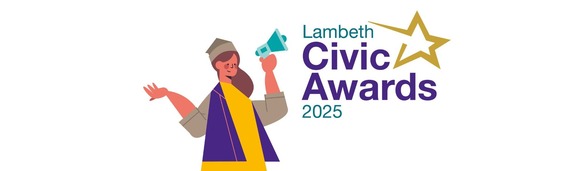 Lambeth Civic Awards graphic animated woman holds a speaker phone 