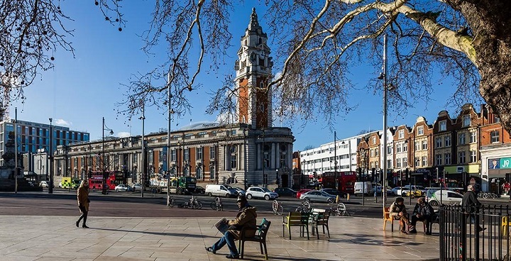 Lambeth Town Hall view from Windrush Square