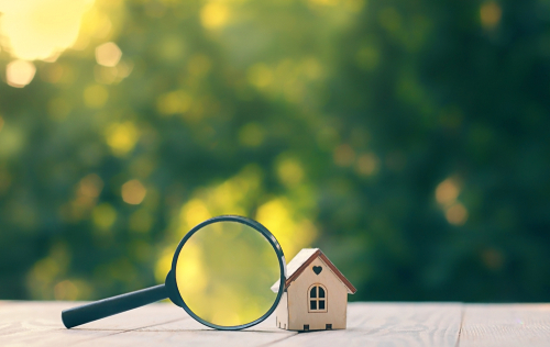house and magnifying glass against greenery