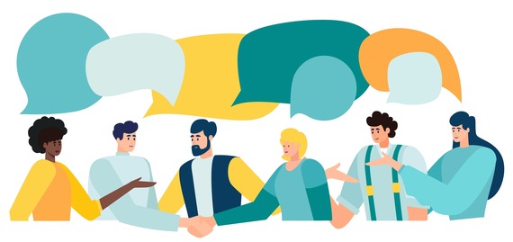 animated people with speech bubbles 
