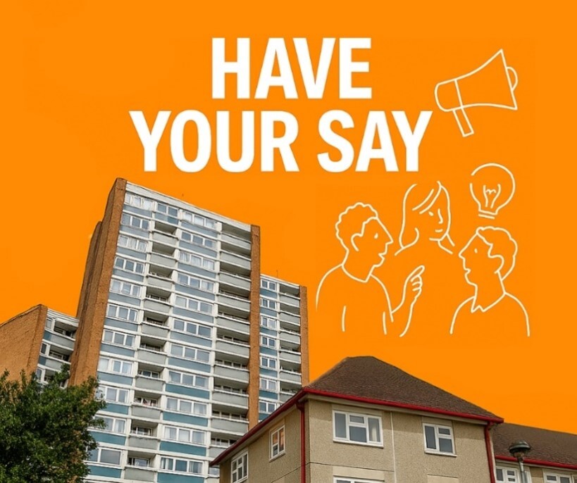 orange background with have your say 