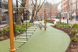 View of play equipment - a rope ladder climbing frame