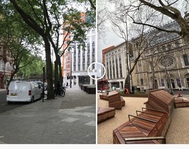 Before and after image of the space showing the change in materials, more plants and more seats