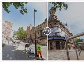 before and after image of a road transformed into a public space