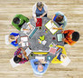 Library overhead shot of table with books computers