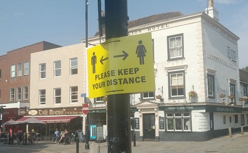 Keep your distance sign outside Golden Lion pub, Romford , Aug 2020