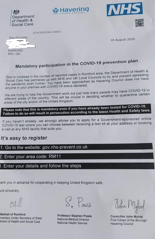 Scam test letter Aug 2020