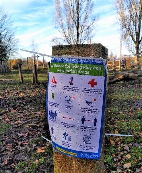 Play equipment warning sign in Bedfords Park Nov 2020