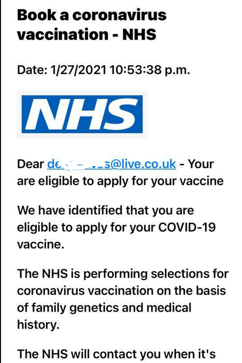 Scam message regarding vaccines Jan 2021