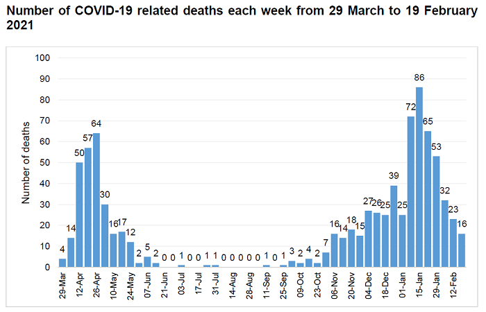 COVID deaths graph to 19 Feb 2021