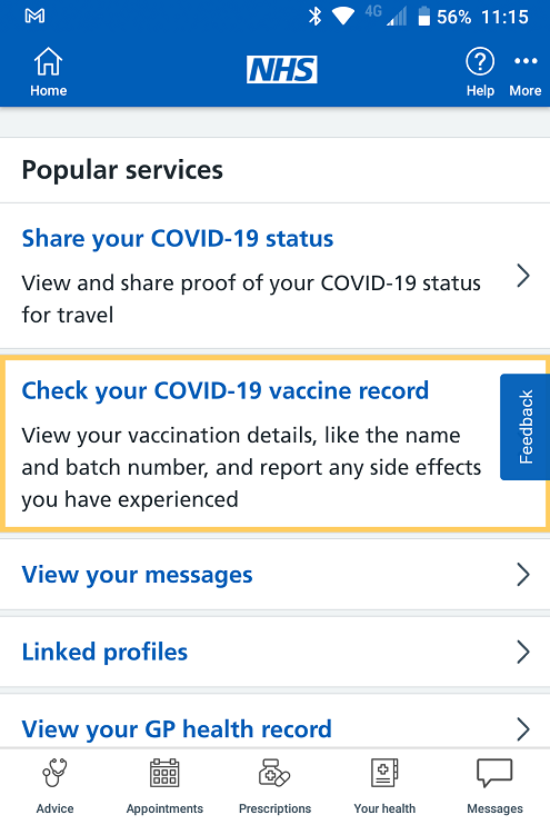 NHS app COVID status 