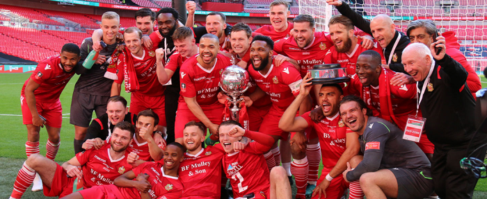 Hornchurch FC celebrating with FA Trophy Cup 22 May 2021