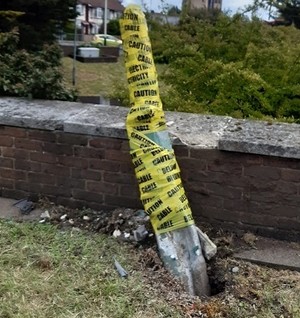 Damaged lamp column Waterloo Road roundabout June 2021