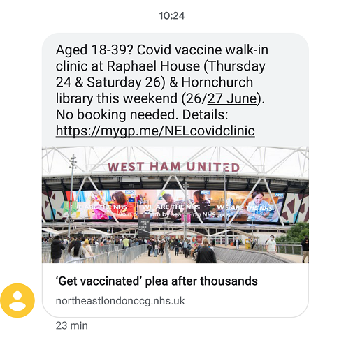 Text message re walk-in vaccination June 2021