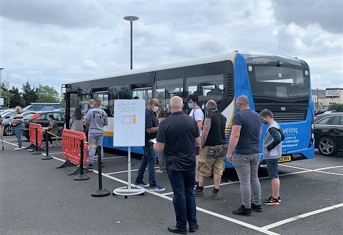 Vaccine bus at Gallows corner July 2021 495px