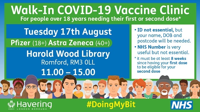 Walk in vax clinic Tues 17 Aug