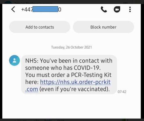 Spam NHS text Oct 2021