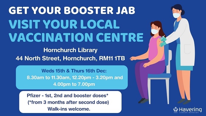 Hornchurch booster vax banner 15 and 16 Dec