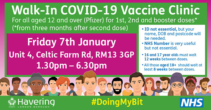 Rainham pop up vax centre banner 8 Jan 2022