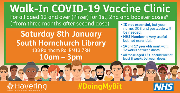 Hornchurch walk in vax clinic banner 8 Jan 2022