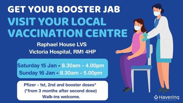 Walk-in booster vax at Victoria Ctr banner 15 and 16 Jan