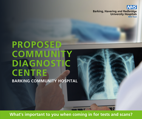 Community Diagnostic Centre consultation banner featuring a CT scanner machine