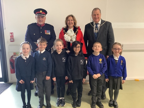 Mayor and Cllr Mugglestone with Deputy Lieutenant of Havering, Nick Bracken and pupils form schools