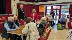 Cllrs Ray Morgon and Gillian Ford speak to residents at the New Windmill Hall warm space