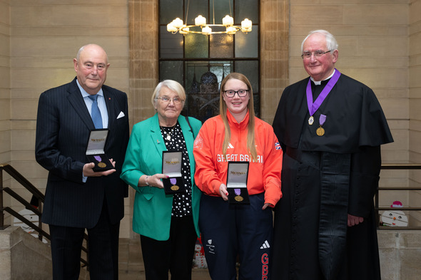 l-r: Mark Bryant, Lesley Blowers, Brock Whiston and Father Hingley, Freedom of the Borough awards