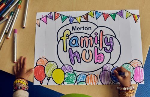 a colouring sheet with the family hub logo on it