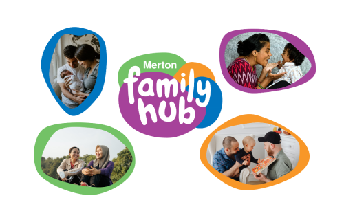 The family hub logo surrounded by 4 different images of families and friends smiling