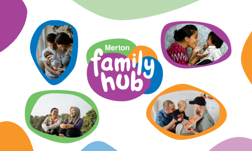 The logo for Merton Family Hub surrounded by images of families with different aged children