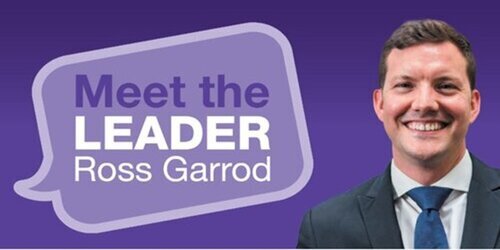 Purple graphic with an image of Merton Council Leader, Councillor Ross Garrod, with text that reads Meet the leader Ross Garrod