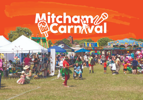 People at stalls and funfair rides with title art that reads: Mitcham Carnival on an orange background