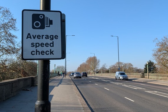 Average speed check sign on Twickenham Bridge