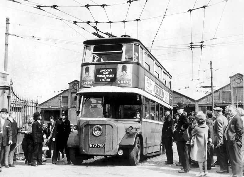 A black and white image of a trolleybus in Fulwell in the 1940s