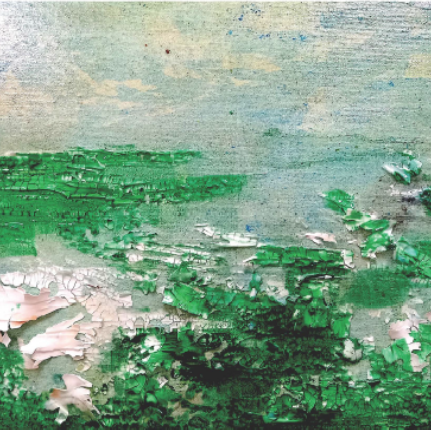 Dreen and white painting with paint peeling from the surface of the painting