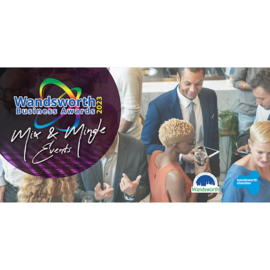 Wandsworth Business Awards event poster with people mingling in the background