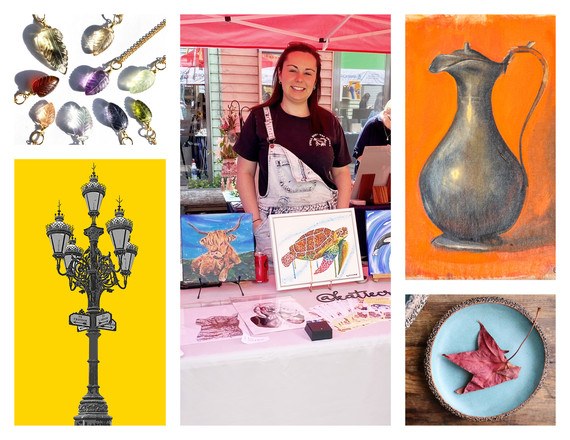 Collage of artwork and a woman at an art market