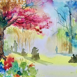 painting by simon stephens of trees and landscape