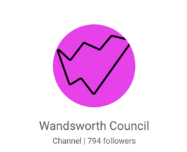 Screenshot of Wandsworth council WhatsApp group, showing the black 'W' in the Wandsworth Logo with a bright pink background