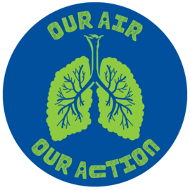 Logo of the 'Our Air Our Action Campaign, showing some green lungs on a blue circle