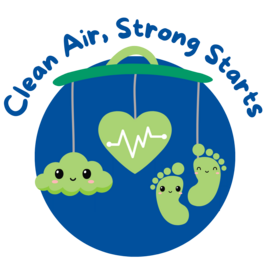 Clean Air, Strong Starts logo with a green heart with pulse through it and baby feet