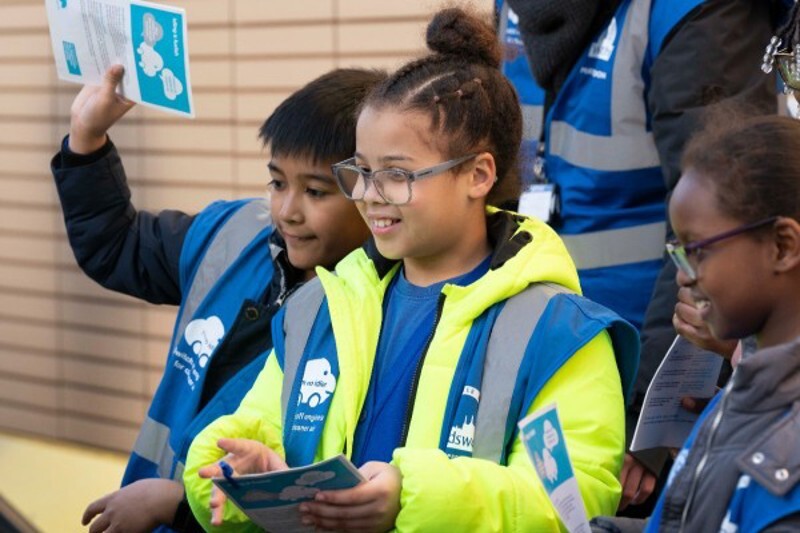 St Mary's primary school handing out anti-idling leaflets