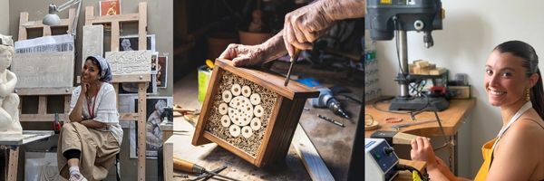 Image carousel of creatives, a painter, woodwork and sewing