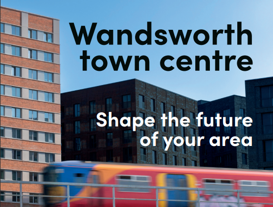 Photo of train with text overlay 'Wandsworth town centre - Shape the future of your area'