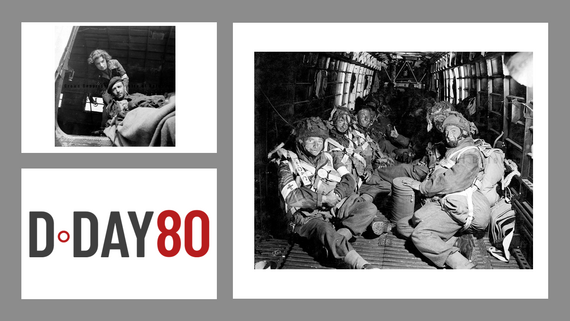 Images showing A swounded soldier boarding a plane. Soldiers flying to the front line. The D-Day80 logo